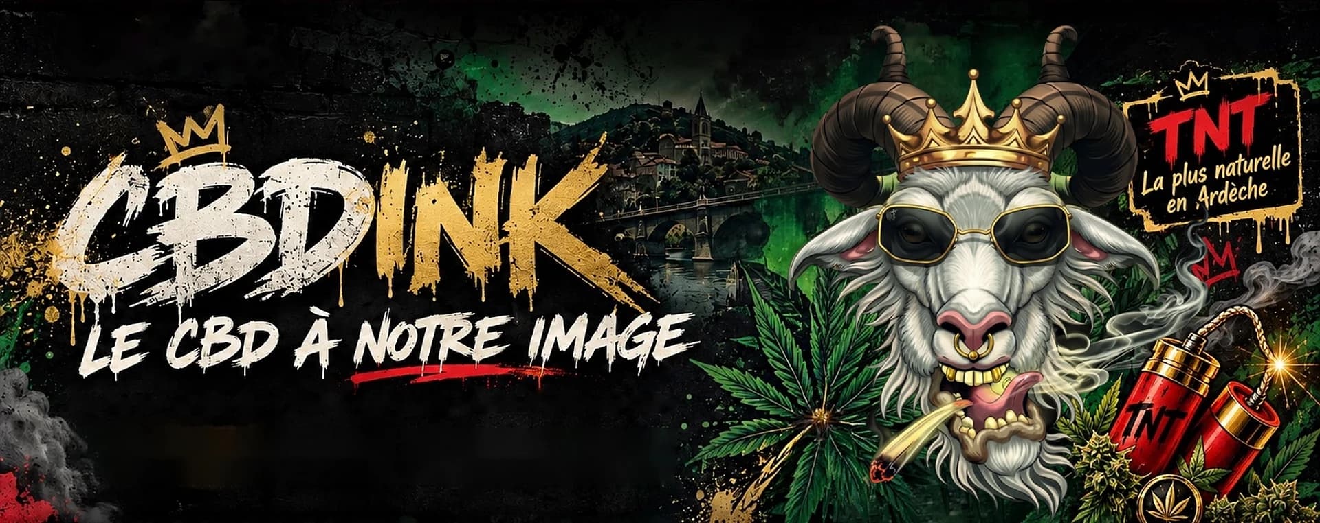 Bouc couronné CBDink devant le village de Serrières, bâtons de TNT : « TNT, la plus naturelle en Ardèche »